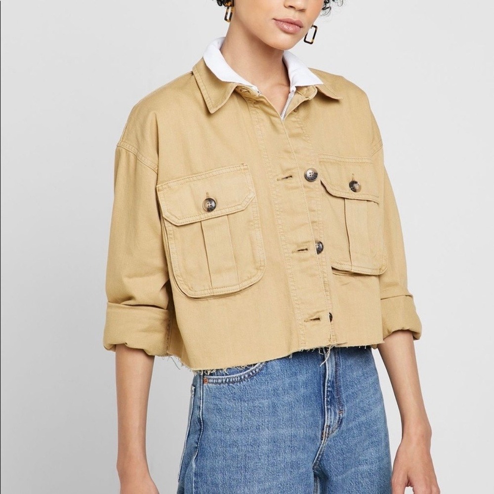 Topshop Cropped Utility Denim Jacket Raw Hem in Tan US 4-6 Small